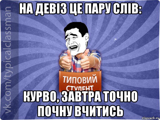 на девіз це пару слів: курво, завтра точно почну вчитись, Мем Типовий студент