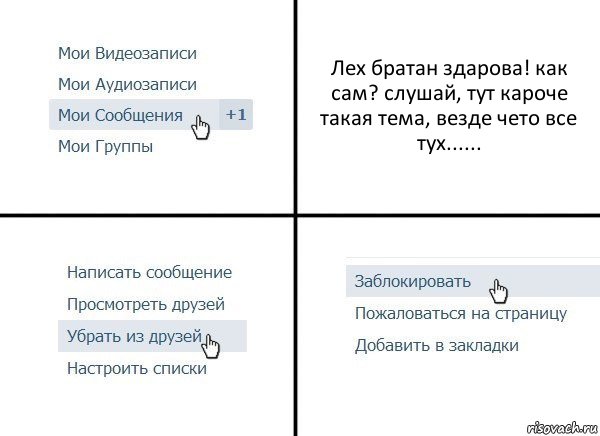 Лех братан здарова! как сам? слушай, тут кароче такая тема, везде чето все тух......, Комикс  Удалить из друзей