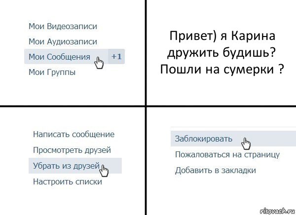 Привет) я Карина дружить будишь? Пошли на сумерки ?, Комикс  Удалить из друзей