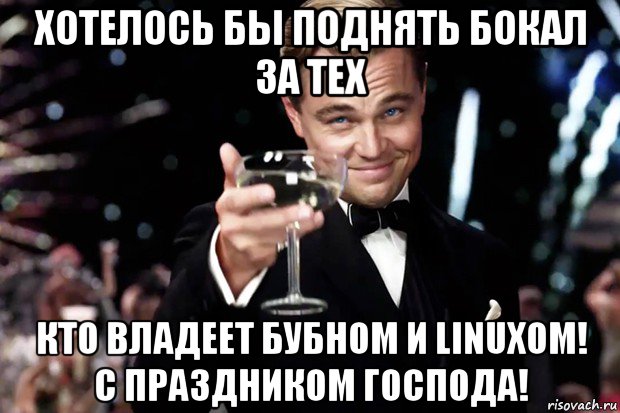 хотелось бы поднять бокал за тех кто владеет бубном и linuxом! с праздником господа!, Мем Великий Гэтсби (бокал за тех)