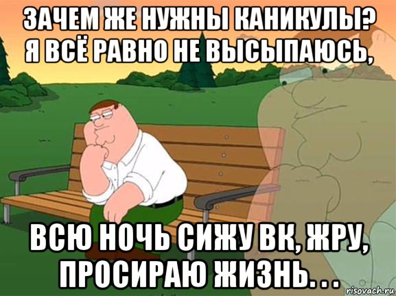 зачем же нужны каникулы? я всё равно не высыпаюсь, всю ночь сижу вк, жру, просираю жизнь. . ., Мем Задумчивый Гриффин