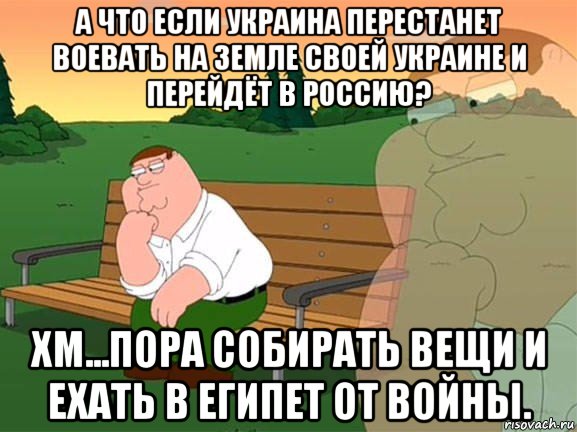 а что если украина перестанет воевать на земле своей украине и перейдёт в россию? хм...пора собирать вещи и ехать в египет от войны., Мем Задумчивый Гриффин