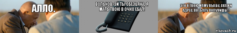 Алло. Вольнов: Эй ты обезьяна, я мать твою в очко ебал! Это я твою маму выебу, скажи адрес, по ебалу получишь!!!, Комикс Алло ЧТО