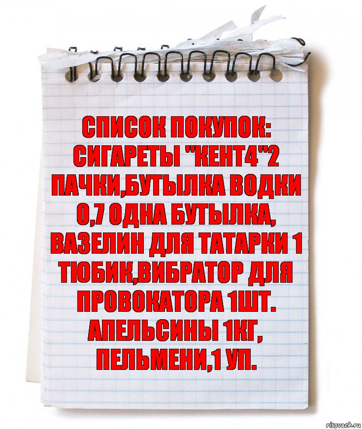 Список покупок: Сигареты "кент4"2 пачки,бутылка водки 0,7 одна бутылка, вазелин для татарки 1 тюбик,вибратор для провокатора 1шт. Апельсины 1кг, пельмени,1 уп., Комикс   блокнот с пружинкой