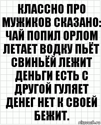 классно про мужиков сказано: чай попил орлом летает водку пьёт свиньёй лежит деньги есть с другой гуляет денег нет к своей бежит.