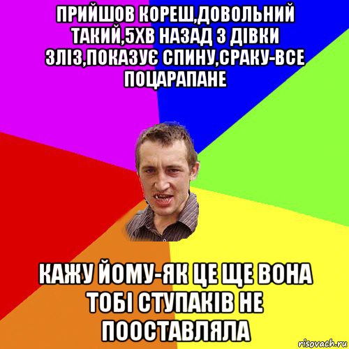 прийшов кореш,довольний такий,5хв назад з дівки зліз,показує спину,сраку-все поцарапане кажу йому-як це ще вона тобі ступаків не пооставляла, Мем Чоткий паца