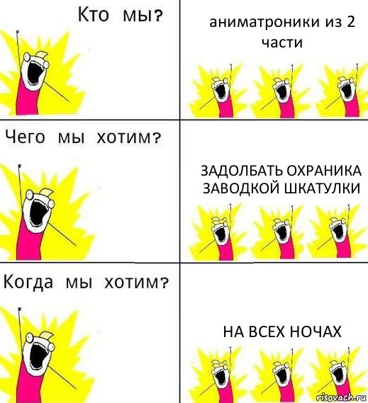 аниматроники из 2 части задолбать охраника заводкой шкатулки на всех ночах, Комикс Что мы хотим