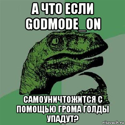 а что если godmode_on самоуничтожится с помощью грома голды упадут?, Мем Филосораптор