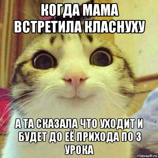 когда мама встретила класнуху а та сказала что уходит и будет до её прихода по 3 урока, Мем       Котяка-улыбака