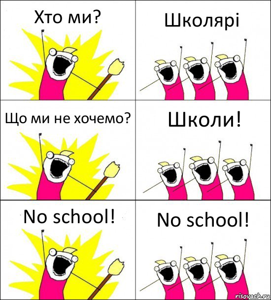 Хто ми? Школярі Що ми не хочемо? Школи! No school! No school!