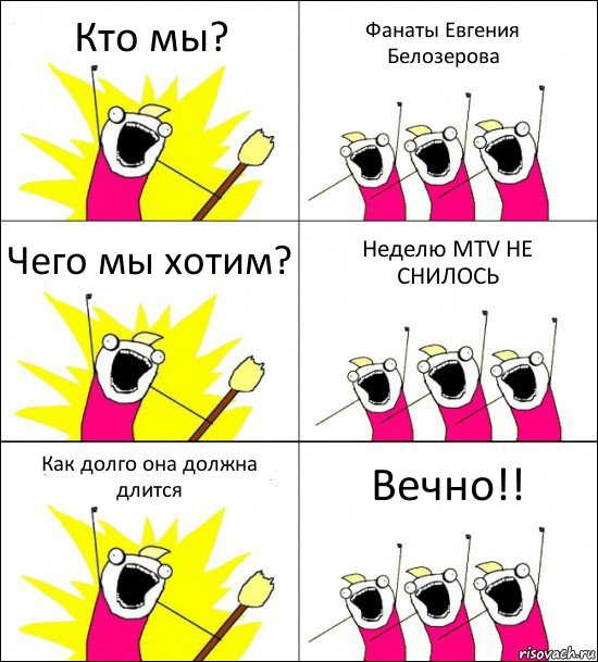 Кто мы? Фанаты Евгения Белозерова Чего мы хотим? Неделю MTV НЕ СНИЛОСЬ Как долго она должна длится Вечно!!