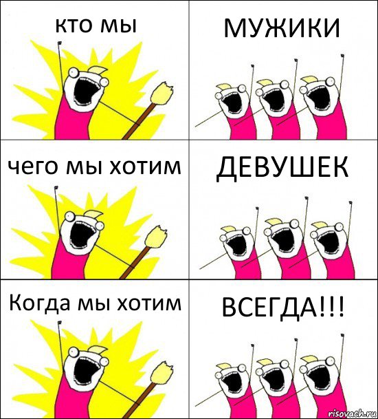 кто мы МУЖИКИ чего мы хотим ДЕВУШЕК Когда мы хотим ВСЕГДА!!!