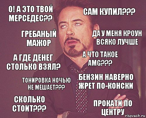 О! А это твой мерседес?? Сам купил??? А где денег столько взял? Сколько стоит??? Бензин наверно жрет по-конски А что такое AMG??? Тонировка ночью не мешает??? Прокати по центру Гребаный мажор Да у меня кроун всяко лучше, Комикс мое лицо