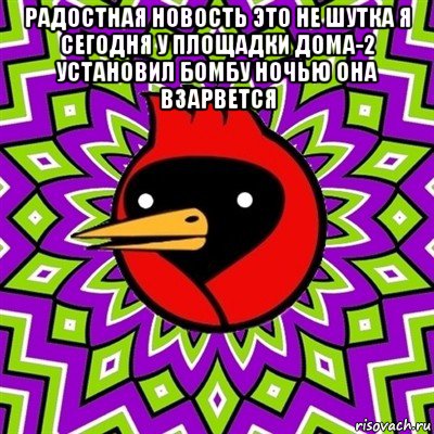 радостная новость это не шутка я сегодня у площадки дома-2 установил бомбу ночью она взарвется , Мем Омская птица