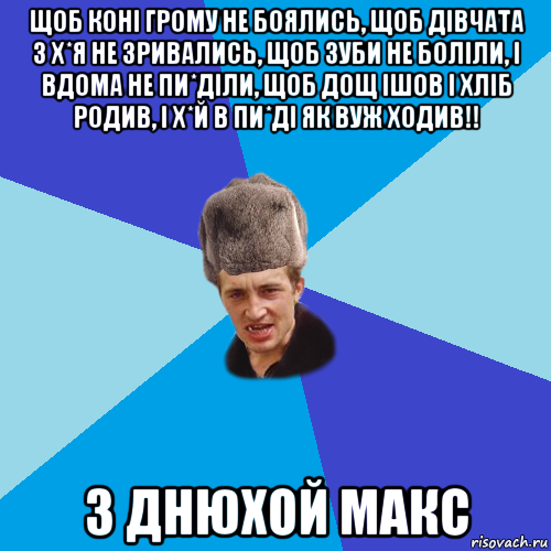 щоб коні грому не боялись, щоб дівчата з х*я не зривались, щоб зуби не боліли, і вдома не пи*діли, щоб дощ ішов і хліб родив, і х*й в пи*ді як вуж ходив!! з днюхой макс, Мем Празднчний паца