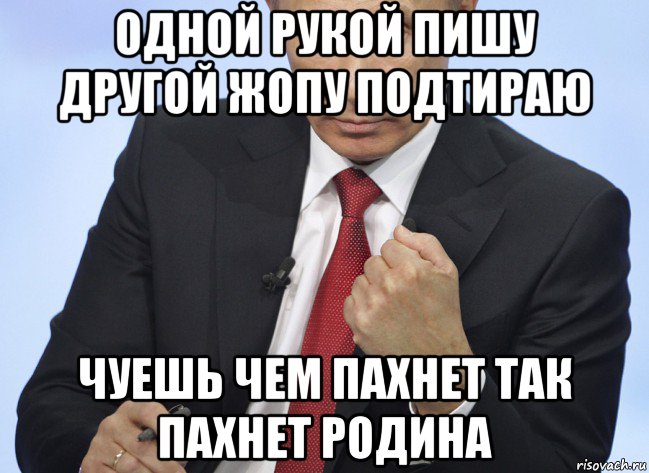 одной рукой пишу другой жопу подтираю чуешь чем пахнет так пахнет родина, Мем Путин показывает кулак