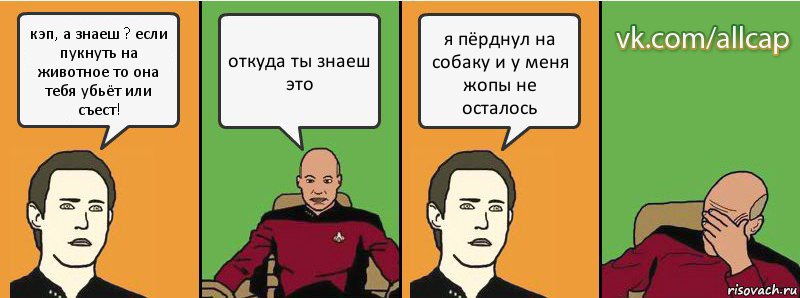 кэп, а знаеш ? если пукнуть на животное то она тебя убьёт или съест! откуда ты знаеш это я пёрднул на собаку и у меня жопы не осталось, Комикс с Кепом