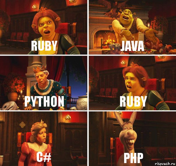 Ruby Java Python Ruby C# php, Комикс  Шрек Фиона Гарольд Осел