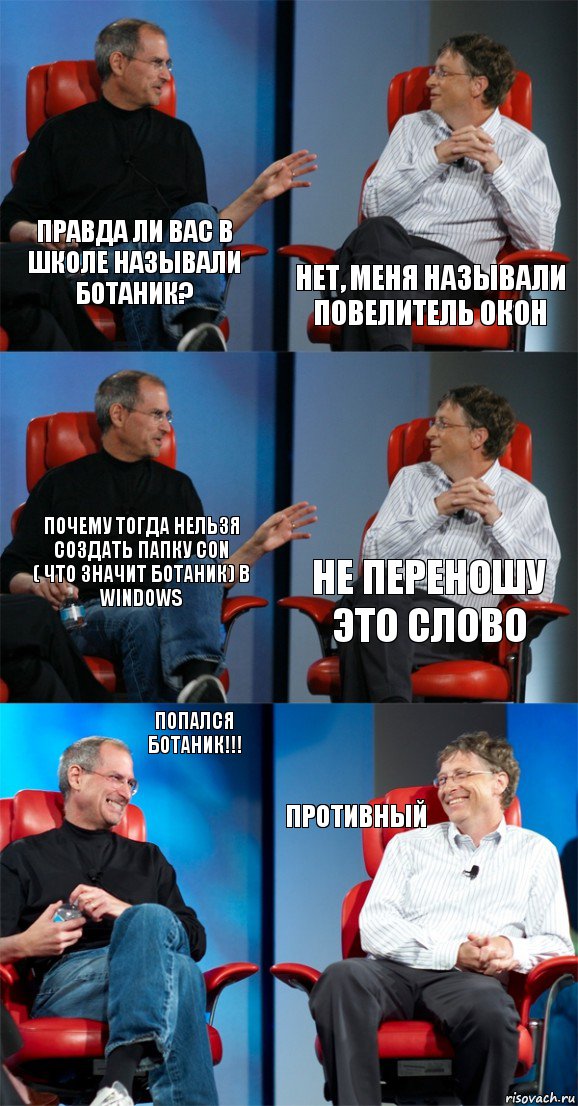 Правда ли вас в школе называли ботаник? Нет, меня называли повелитель окон Почему тогда нельзя создать папку con
( что значит ботаник) в Windows Не переношу это слово Попался ботаник!!! Противный, Комикс Стив Джобс и Билл Гейтс (6 зон)