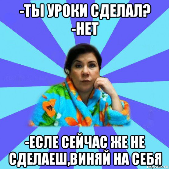 -ты уроки сделал? -нет -есле сейчас же не сделаеш,виняй на себя, Мем типичная мама