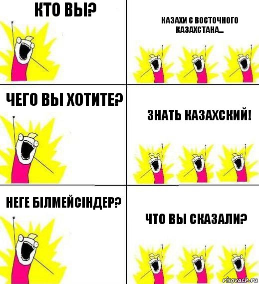 Кто вы? Казахи с Восточного Казахстана... Чего вы хотите? Знать казахский! Неге бiлмейсiндер? Что вы сказали?, Комикс Кто мы и чего мы хотим