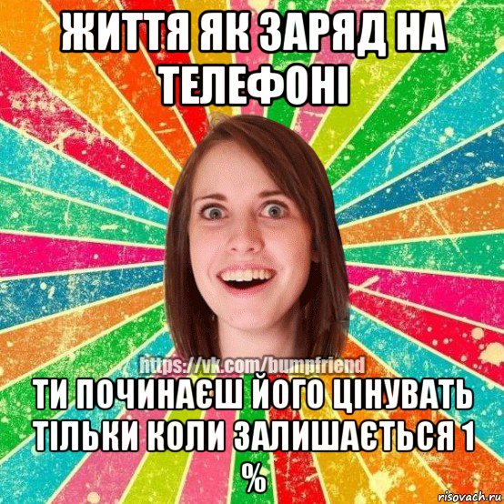 життя як заряд на телефоні ти починаєш його цінувать тільки коли залишається 1 %, Мем Йобнута Подруга ЙоП