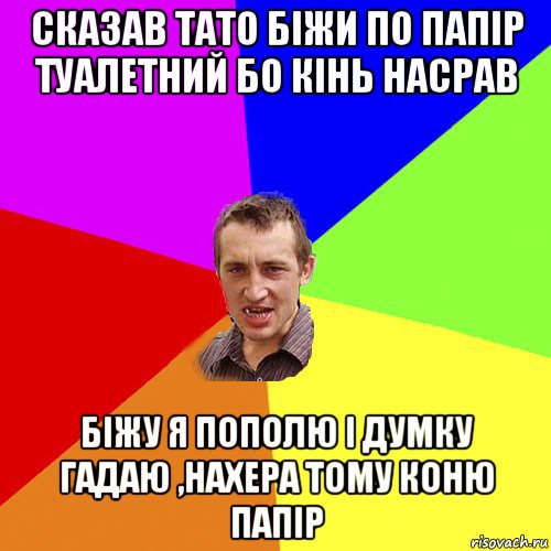 сказав тато біжи по папір туалетний бо кінь насрав біжу я пополю і думку гадаю ,нахера тому коню папір