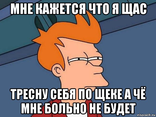 мне кажется что я щас тресну себя по щеке а чё мне больно не будет, Мем  Фрай (мне кажется или)