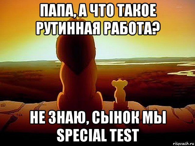 папа, а что такое рутинная работа? не знаю, сынок мы special test, Мем  король лев