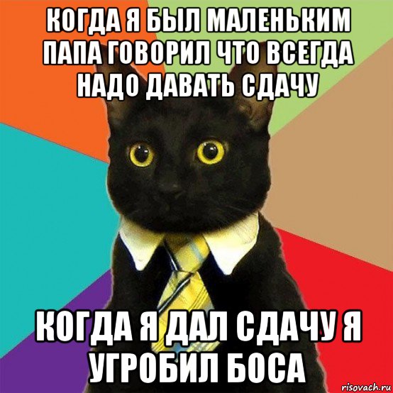 когда я был маленьким папа говорил что всегда надо давать сдачу когда я дал сдачу я угробил боса, Мем  Кошечка