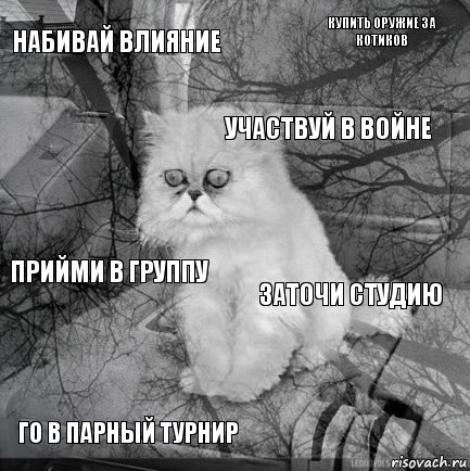 Набивай влияние заточи студию Участвуй в войне Го в парный турнир Прийми в группу купить оружие за котиков    , Комикс  кот безысходность