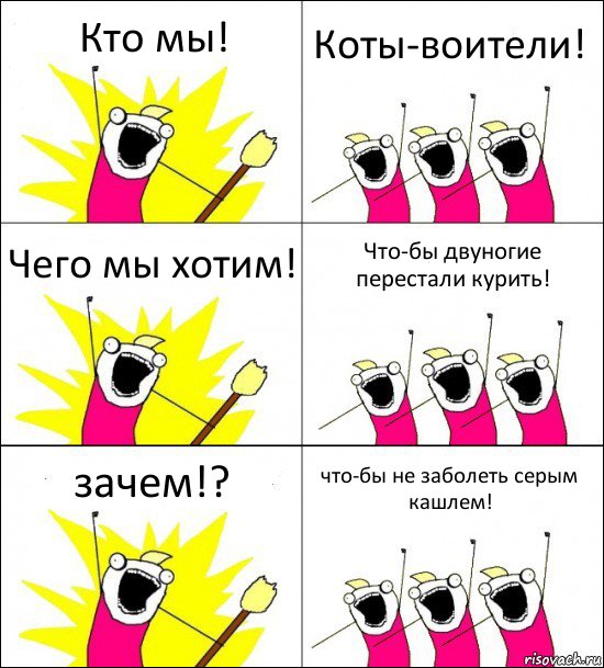 Кто мы! Коты-воители! Чего мы хотим! Что-бы двуногие перестали курить! зачем!? что-бы не заболеть серым кашлем!