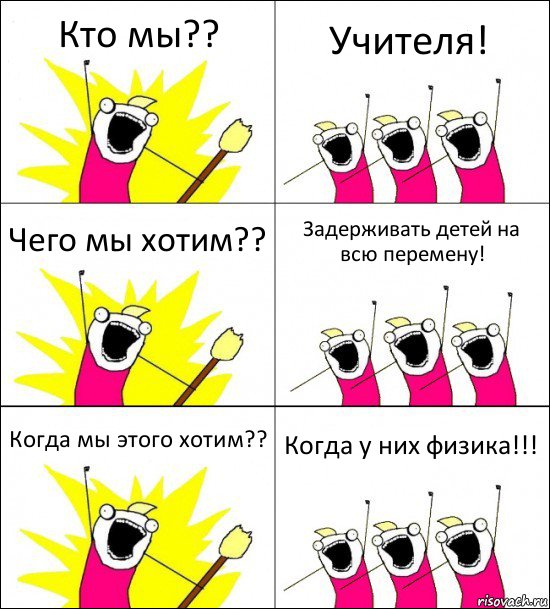 Кто мы?? Учителя! Чего мы хотим?? Задерживать детей на всю перемену! Когда мы этого хотим?? Когда у них физика!!!