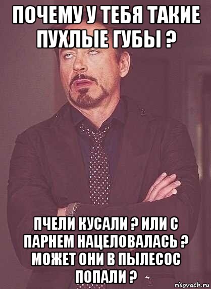 почему у тебя такие пухлые губы ? пчели кусали ? или с парнем нацеловалась ? может они в пылесос попали ?, Мем  Мое выражение лица (вертик)