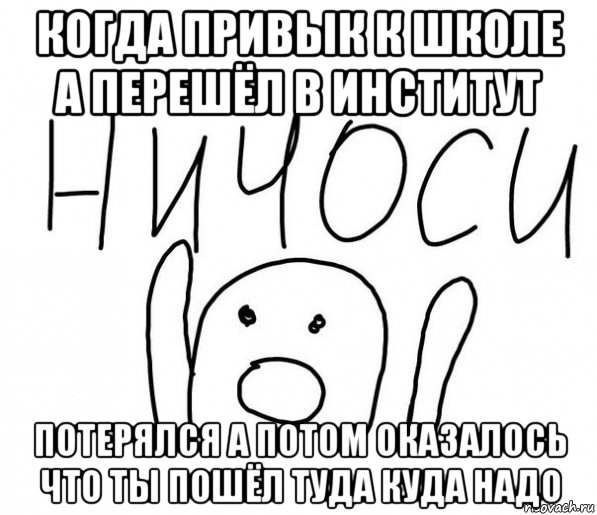 когда привык к школе а перешёл в институт потерялся а потом оказалось что ты пошёл туда куда надо, Мем  Ничоси