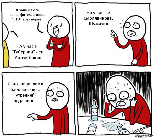 Я занимаюсь кросс-фитом и наша "6ТВ" всех порвёт А у нас в "Губернии" есть Артём Ланин Но у нас же Смолянинова, Шумихин И этот пацанчик в бабочке ещё с утренней редакции..., Комикс Но я же