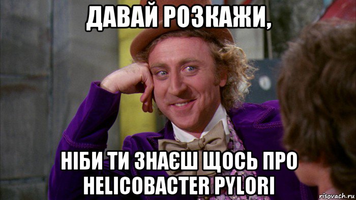 давай розкажи, ніби ти знаєш щось про helicobacter pylori, Мем Ну давай расскажи (Вилли Вонка)