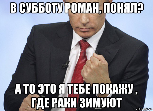 в субботу роман, понял? а то это я тебе покажу , где раки зимуют, Мем Путин показывает кулак