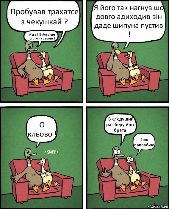 Пробував трахатсе з чекушкай ? А да ! В його ще стрінгі красниє ! Я його так нагнув шо довго адиходив він даде шипуна пустив ! О кльово ! В слєдущий раз беру його брата! Тож папробую, Комикс  Разговор уток