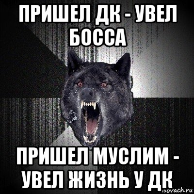 пришел дк - увел босса пришел муслим - увел жизнь у дк, Мем Сумасшедший волк