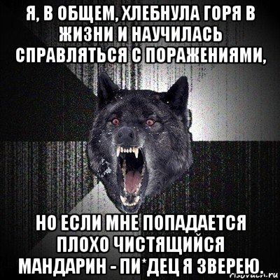 я, в общем, хлебнула горя в жизни и научилась справляться с поражениями, но если мне попадается плохо чистящийся мандарин - пи*дец я зверею., Мем Сумасшедший волк