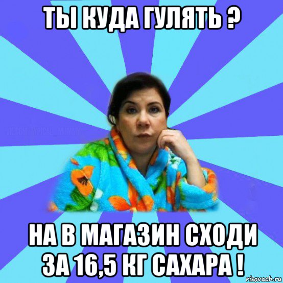 ты куда гулять ? на в магазин сходи за 16,5 кг сахара !, Мем типичная мама