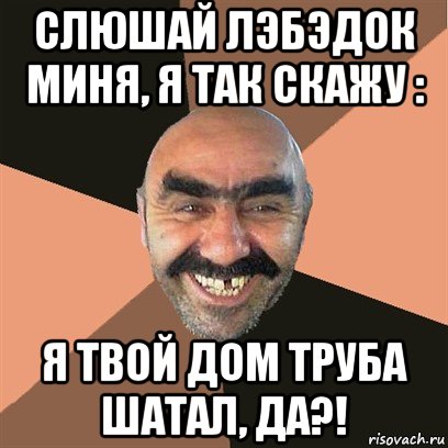 слюшай лэбэдок миня, я так скажу : я твой дом труба шатал, да?!, Мем Я твой дом труба шатал