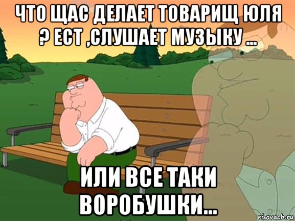 что щас делает товарищ юля ? ест ,слушает музыку ... или все таки воробушки..., Мем Задумчивый Гриффин