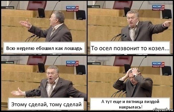 Всю неделю ебошил как лошадь То осел позвонит то козел... Этому сделай, тому сделай А тут еще и пятница пиздой накрылась!