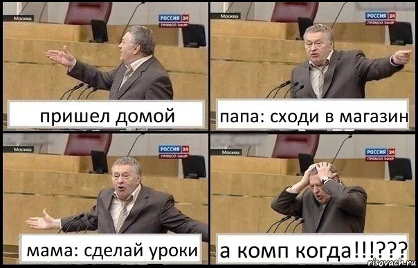 пришел домой папа: сходи в магазин мама: сделай уроки а комп когда!!!???