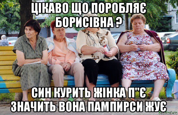 цікаво що поробляє борисівна ? син курить жінка п"є значить вона пампирси жує, Мем Бабушки на скамейке