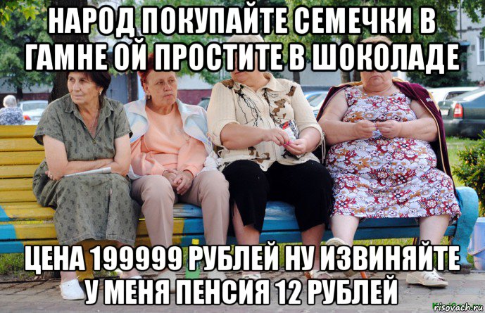 народ покупайте семечки в гамне ой простите в шоколаде цена 199999 рублей ну извиняйте у меня пенсия 12 рублей, Мем Бабушки на скамейке