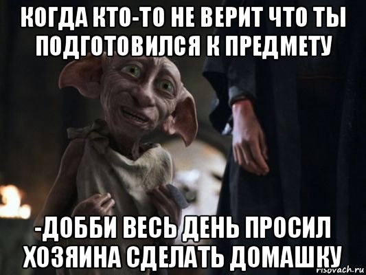 когда кто-то не верит что ты подготовился к предмету -добби весь день просил хозяина сделать домашку