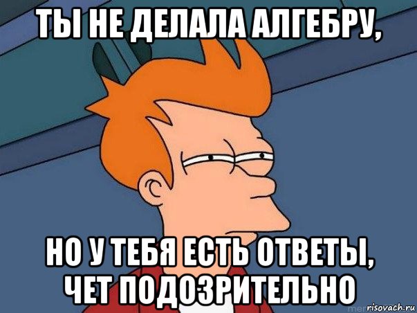 ты не делала алгебру, но у тебя есть ответы, чет подозрительно, Мем  Фрай (мне кажется или)